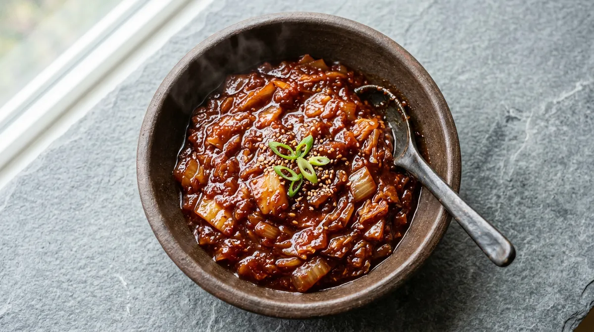 김치잼, 김치 볶다가 설탕 넣고 시럽 질감 나게 졸인 다음 식초로 신맛 잡으면 만능 소스 돼요